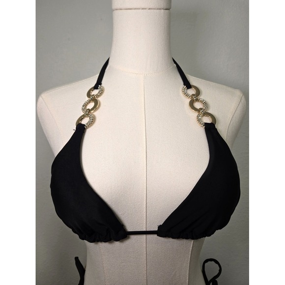 Black Gold Chain Detail 2 Piece String Bikini Triangle Top Tie Sides Size Small - Picture 2 of 5